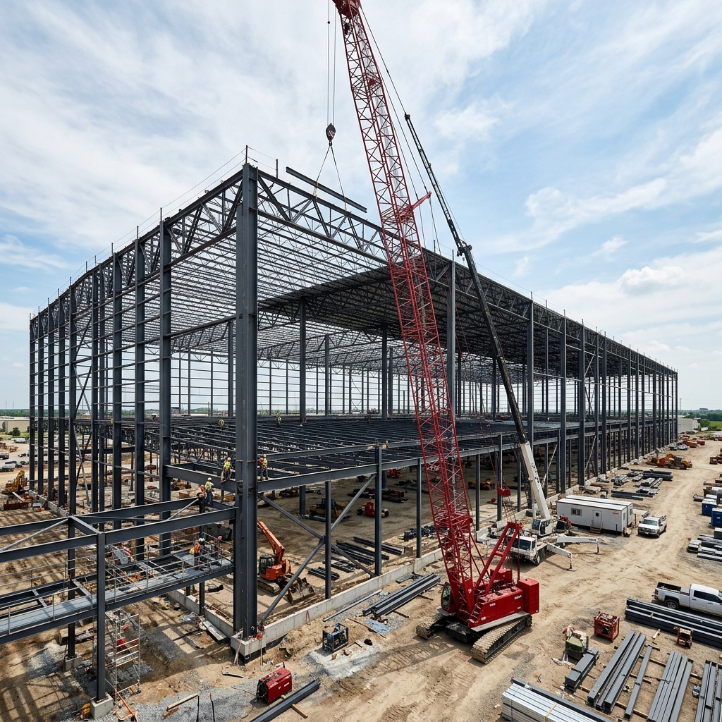 Industrial steel PEB building framework showing modular bays